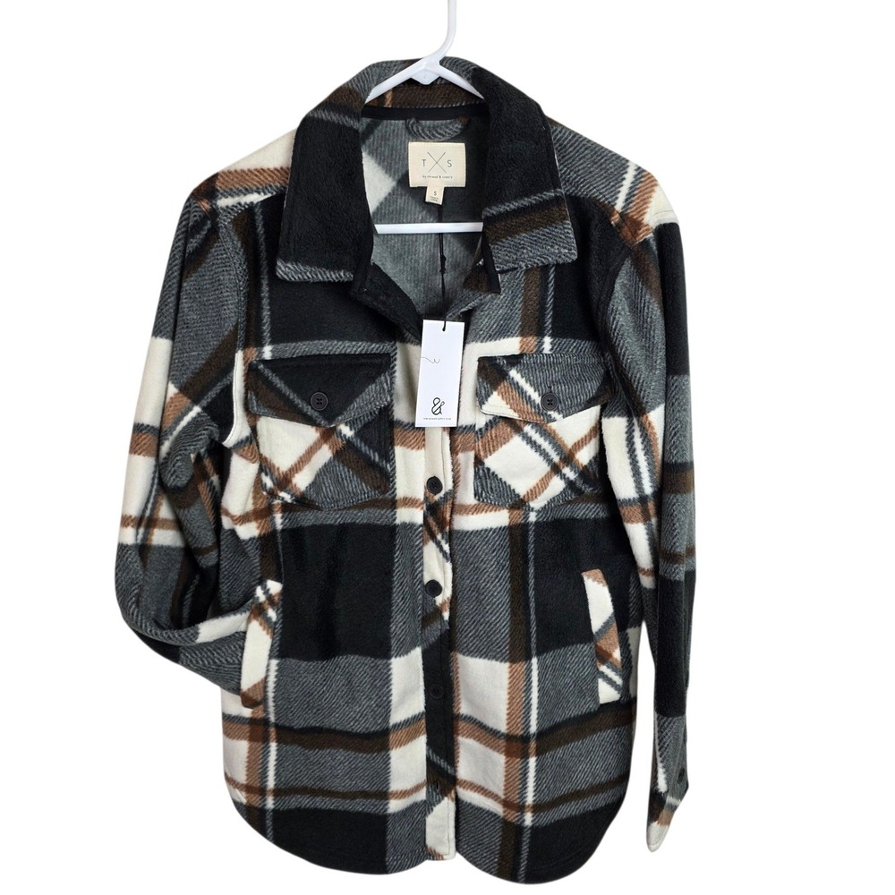 Thread & Supply Shacket Women Small Black Brown NEW Plaid Fleece Shirt Jacket